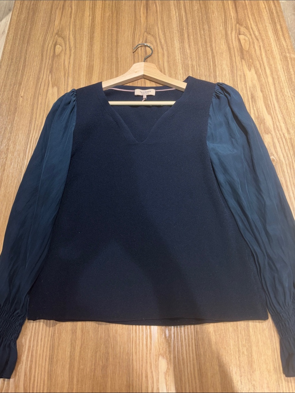 Talbots Navy V‑Neck Top with Sheer Navy Puff Sleeves
